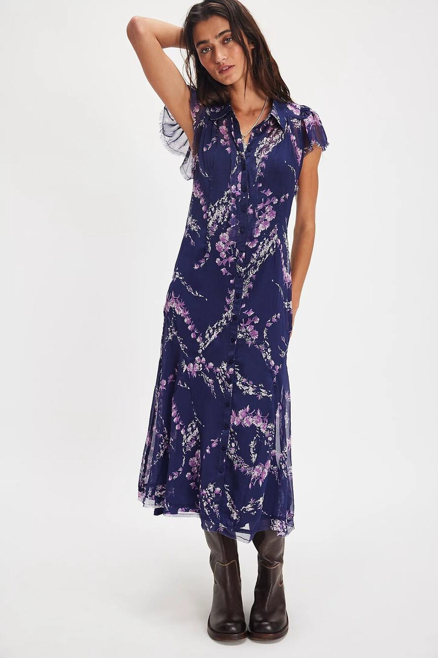New Free People Cannaday Maxi Dress $148 X-Small Navy Floral Combo
